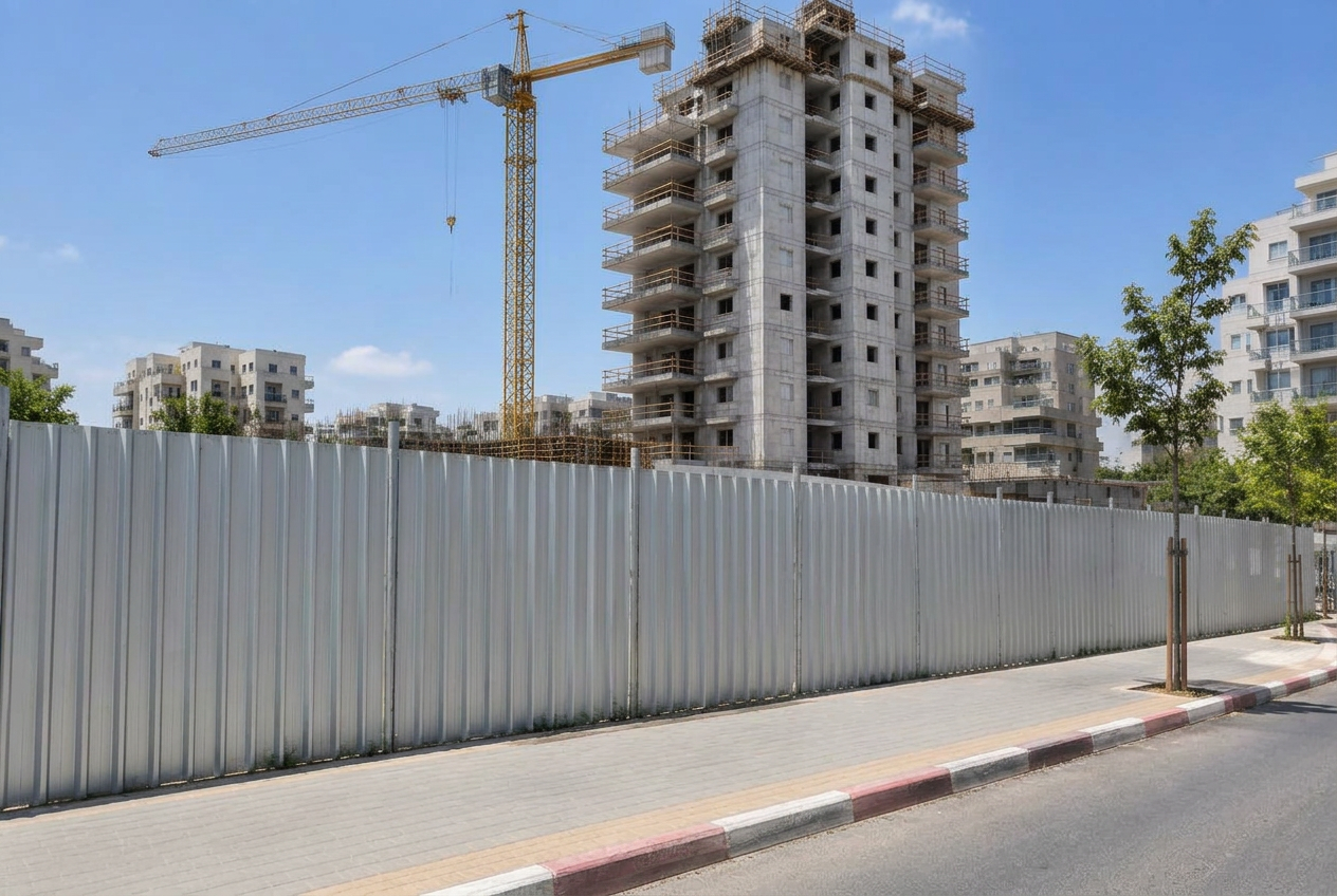 גדר איסכורית מגולוונת סביב אתר בנייה עם מגדל מגורים ועגורן