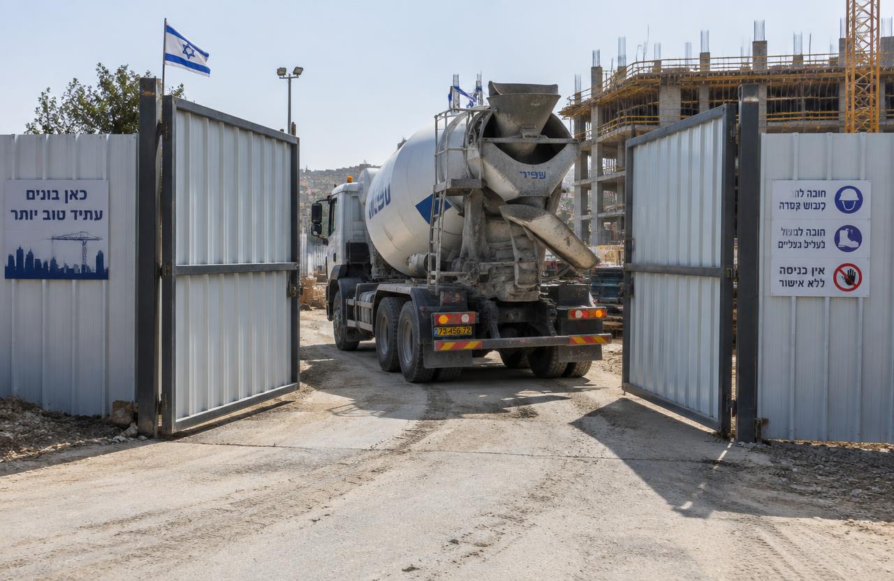 שער כפול מאיסכורית בכניסה לאתר בנייה ומערבל בטון נכנס