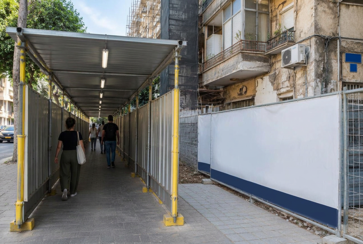 מעבר מקורה להולכי רגל לאורך בניין בשיפוץ